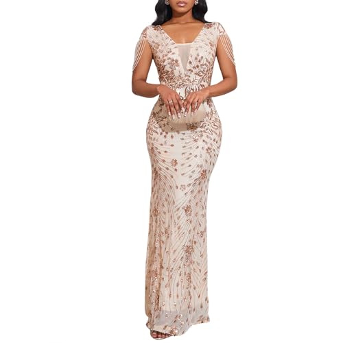 Image of dasmzper Women Sequin Elegant Sexy Tassel Bead Sleeve Mesh Perspective Bodycon Party Cocktail Evening Dress