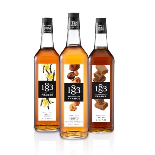 1883 Vanilla, Caramel, Roasted Hazelnut Syrups (Coffeehouse Favorites) for Coffee &amp; Drinks – 1 Liter Glass Bottles (Pack of 3)
