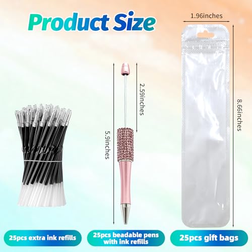 Image of 75 Pcs DIY Diamond Beadable Pen Kit - 25 Plastic Rhinestone Beaded Pens Bulk with Refills & Bags - Fancy Cute Glitter Pens for Crafting, Students & Teachers - School Supplies (Advanced)