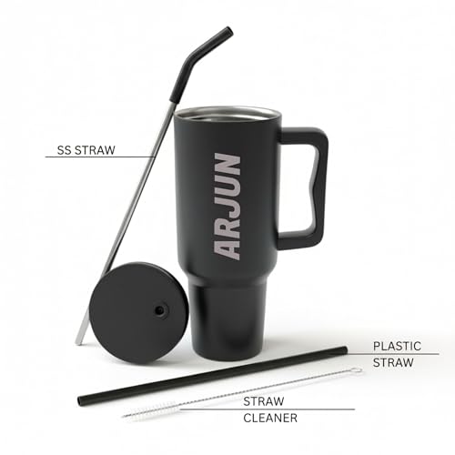 Image of Speedex 1200 ml Customized Name Insulated Stainless Steel Tumbler with Handle, Straw & Cleaning Brush, Personalized Sipper Bottle, Double Wall Leakproof Travel Mug Gift (Black, 1.2 l)