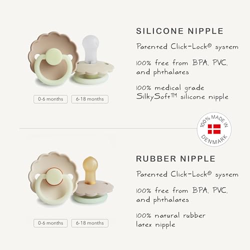 Image of FRIGG Daisy Night Natural Rubber Baby Pacifier | Made in Denmark | BPA-Free (French Gray /Croissant, 0-6 Months) 2-Pack