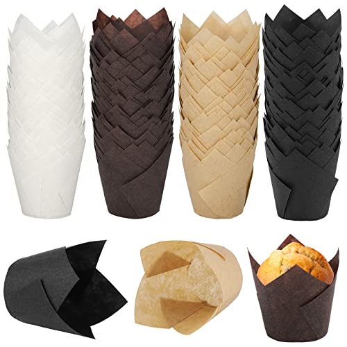 Ruisita 200 Pieces Mini Tulip Baking Cups Greaseproof Cupcake Muffin Liners Muffin Cases Wrappers for Birthday, Baby Shower,Brown,White,Natural,Black