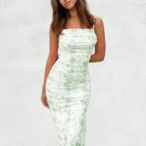 Image of Women's Floral Ruched Bodycon Midi Dress Sleeveless Mesh Fishtail Slip Dresses