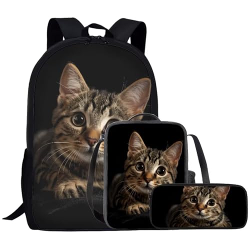 Beauty Collector Cat School Backpack with Lunch Bag and Pencil Case, Backpack for School Girls Rucksack