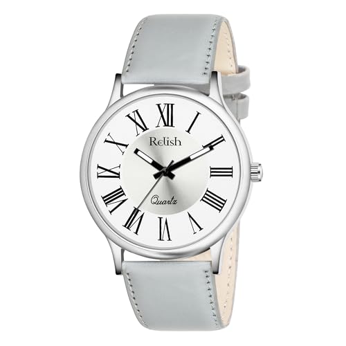 Relish Silver Analog, Roman Numeral Dial, Quartz Movement, Grey PU Leather Strap Watch for Men & Boys | Casual & Everyday Wear