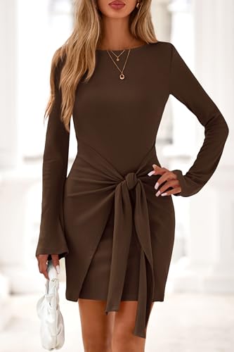 dowerme Women's Casual Mini Dress 2025 Bell Long Sleeve Boat Neck Tie Waist Bodycon Dresses Knitted Party Fall Outfits4