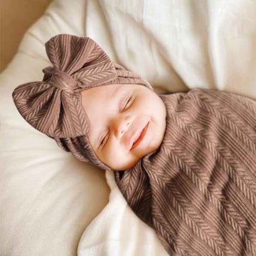 Image of AQOKKA Newborn Receiving Blanket with Bow Hat Mittens Wooden Card Set Wheat-Pattern Newborns Toddler Baby Boy Girl Nursery Swaddle Wrap