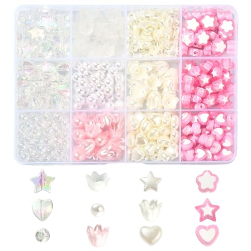 DanLingJewelry 420pcs Pink Acrylic Round Beads Kit - 12 Styles, 6~10mm x 6~11mm x 3~11mm, 1.4~2mm Hole, Jewellery Making