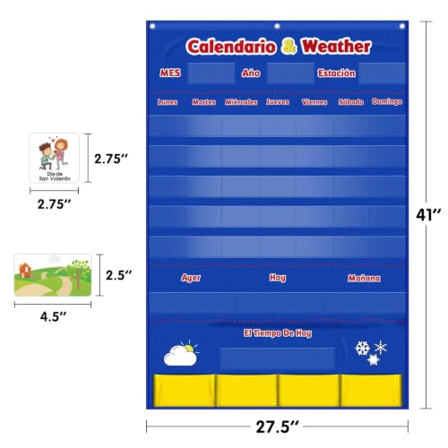 Image of Spanish Calendar and Weather Pocket Chart, Classroom Organized Chart, 140 Pieces (Spanish)