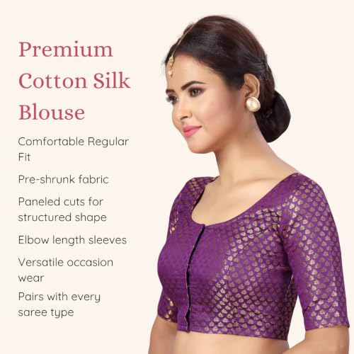Image of Studio Shringaar Women's Zari Brocade Stitched Elbow Length Sleeves Saree Blouse