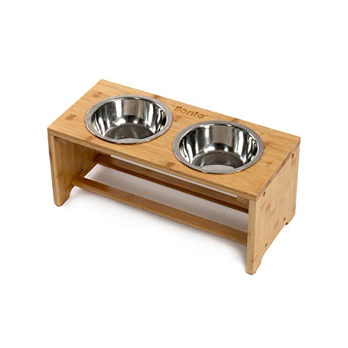lionto erhöhter Hundenapf aus robustem & pflegeleichtem Bambus, 44x20x19 cm, doppelter Futternapf für Hunde & Katzen, 2 Edelstahlnäpfe Ø 14 cm & je 550 ml Fassungsvermögen, rutschfest & gelenkschonend lionto erhöhter Hundenapf aus robustem & pflegeleichtem Bambus, 44x20x19 cm, doppelter Futternapf für Hunde & Katzen, 2 Edelstahlnäpfe Ø 14 cm & je 550 ml Fassungsvermögen, rutschfest & gelenkschonend