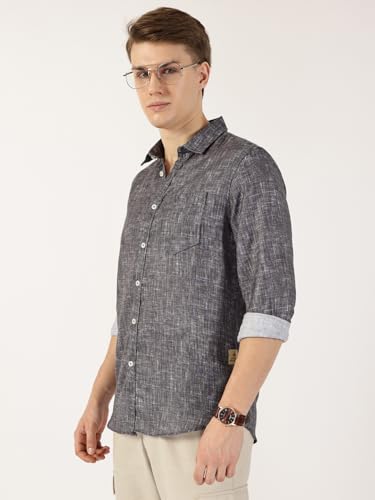 Image of Thomas Scott Men's | Printed | Textured Fabric | Full Sleeve | Regular Fit | Linen Blend | Single Pocket | Spread Collar | Casual Shirt