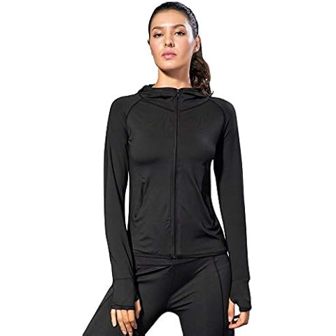Sillictor Damen Laufjacke mit Kapuze Daumenloch Reißverschluss Damen Hoodies mit Reißverschlusstaschen Langarm Damen Sport Tops Atmungsaktiv Schweißableitend Schnell trocknend Cover