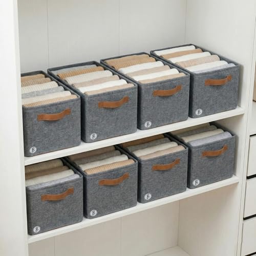 Image of Btag Pack of 8 Storage Baskets (46L x 27W x 19H CM) Non-Woven Foldable Wardrobe Organizer with Metal Frame Rectangle, Storage Box with Handles for Clothes, Books, Toys, Blankets & Closet Use.