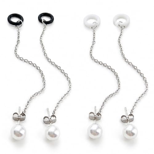 2 Pairs Sound Processor Clips, White & Black Bead Earring Design Anti-Lost Lanyard Protector for Cochlear Implant Accessories, Audio Accessory Jewelry