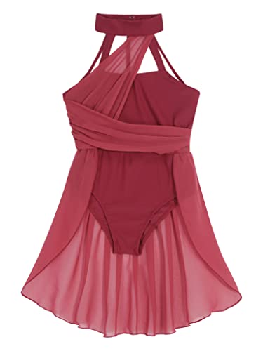 Xunzoo Kids Girls Lyrical Contemporary Dance Costume Dress Ballet Dance Dress Mesh Color Block Leotard Burgundy 16 Years #TOP4