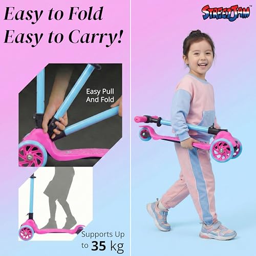 Image of STREETJAM Komiks Kids Kick Scooter for 3-12 Years, Tilt & Turn Safety Lock (1st Time in India), BIS Approved, Lean-to-Steer, Wide Deck, Adjustable Height, Up to 35 kg Load (Magenta with Cyan Blue)