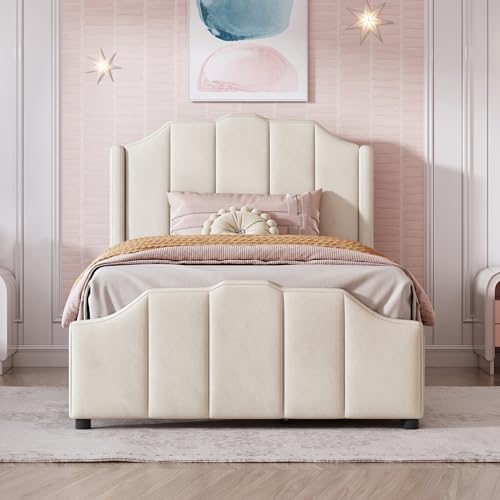 Witimisy Cama acolchada, cama infantil, cama doble, juvenil, cama de invitados, estructura de cama con 2 cajones de almacenamiento, con cabecero y somier, terciopelo acolchado, 216 x 100 x 107 cm