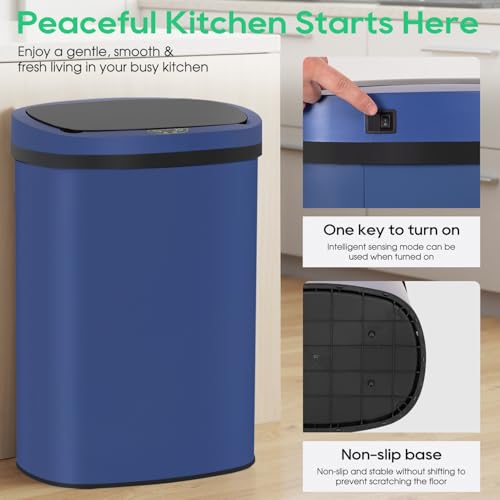 Image of BestOffice 13‑Gallon Automatic Sensor Trash Can, Deep Blue - 50 L Touchless Motion‑Activated Kitchen Garbage Bin, Fingerprint‑Resistant Stainless Steel