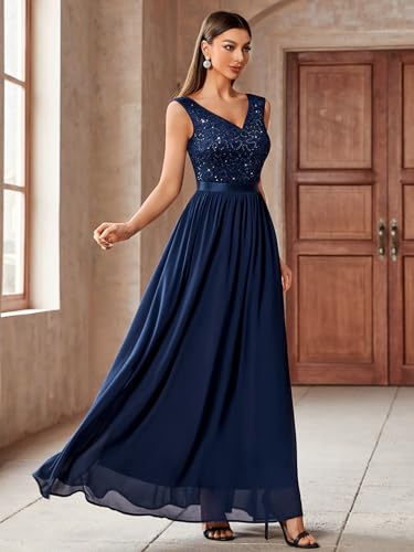 Image of Miusol Women's Sexy Deep V-Neck Sequin Lace Double Sleeveless Evening Party Maxi Dress