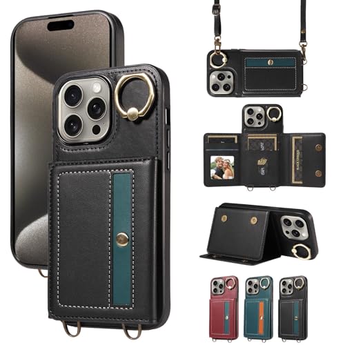 Étui iPhone 16 Pro noir portefeuille en cuir à rabat magnétique protecteur