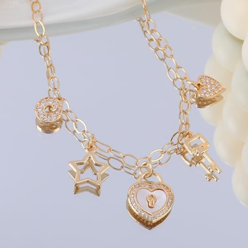 Gold Charm Necklace for Women Gold Plated Chain Pendant Necklace with Cute Dangle CZ Love Heat Lock Key Star Clover Cross Pendant Adjustable Trendy Y2K Party Jewelry Gift for Teen3