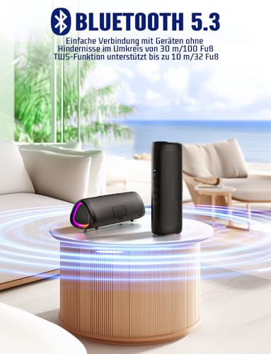 Bluetooth Lautsprecher 30W Tragbarer Musikbox Bluetooth 5.3 mit TWS Stereo RGB Lichter 24 Stunden Laufzeit 30 Meter Reichweite Freisprechfunktion IPX5 Wasserdicht – Bild 4