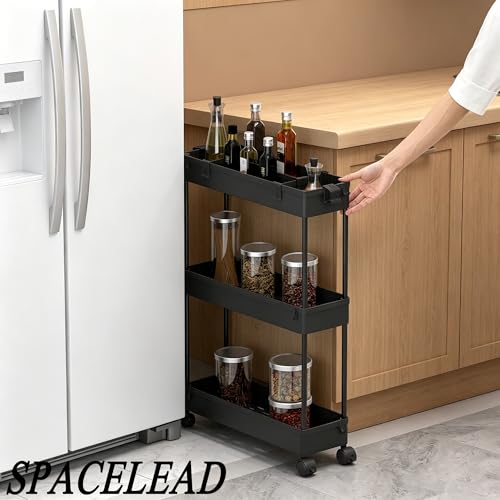 Image of SPACELEAD Slim Storage Cart 3 Tier,Bathroom Organizer Rolling Utility,Mobile Shelving Unit Slide Out for Office, Kitchen, Laundry Room & Narrow Places,Black