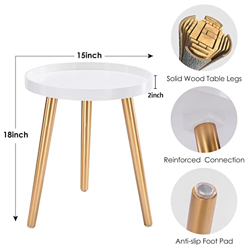 Apicizon Round Side Table Set Of 2, White Gold Tray Nightstand Sofa Coffee Table End Table For Living Room, Bedroom, Small Spaces, Easy Assembly Bedside Table, 15D X 15W X 18H In #TOP2