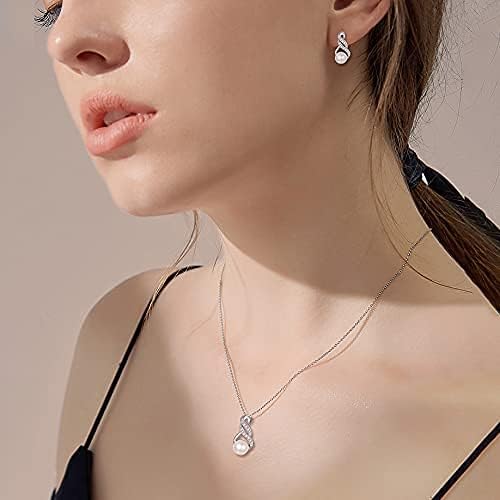 Clearine Mothers Day Pearl Jewellery for Women 925 Sterling Silver Ivory Freshwater Cultured CZ Spiral Infinity Pendant Necklace Dangle Earrings Set Birthday Valentines Christmas Jewelry Gift - Image 3