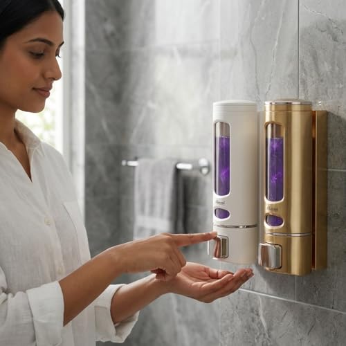 Image of ALTURAS Wall Mounted Liquid Soap Dispenser, ABS, 400 ML, for Shampoo, Sanitizer and Gel Handwash Dispenser (400 ML Gold and White)