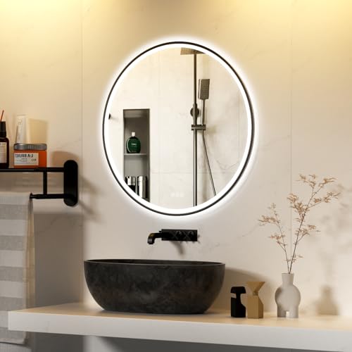 furduzz 500mm Round LED Bathroom Mirror with Black Frame, Vanity Mirror with Lights, Illuminated Wall Mounted Mirror with Anti-fog, Memory Function, 3 Colors, Dimmable, Shatter-Proof Tempered Mirror