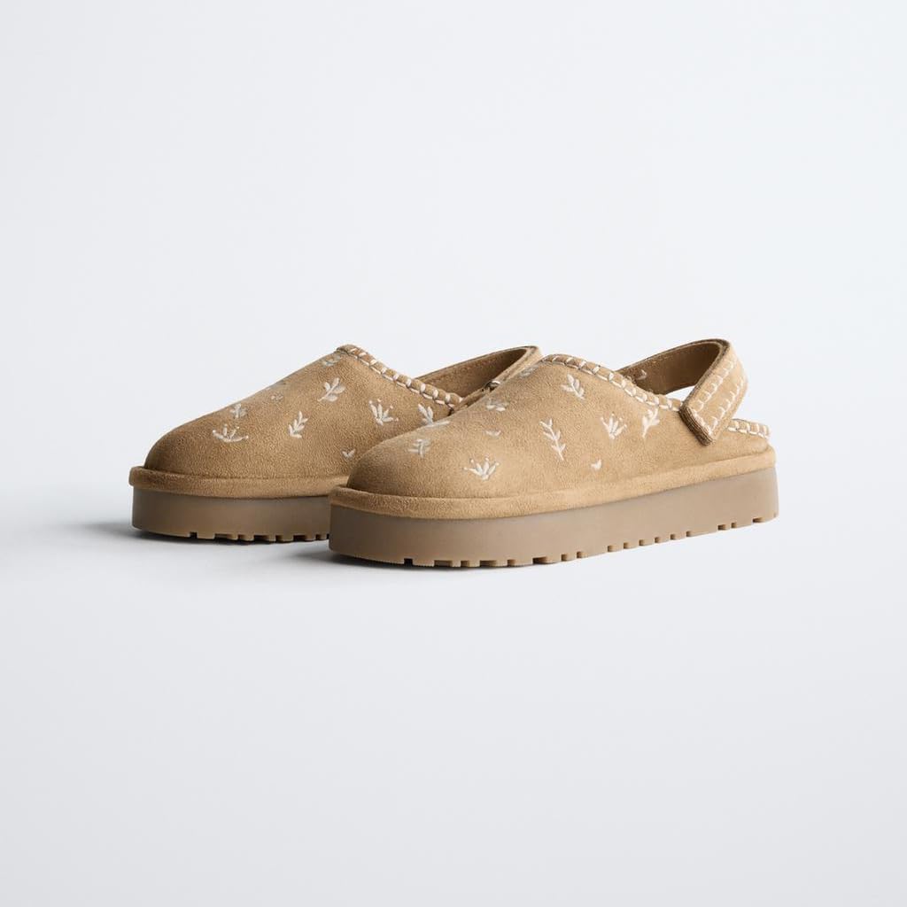 Women's Cozy Fur Embroidered Platform Clogs with Slingback Strap Mules Comfortable Casual Shoes
