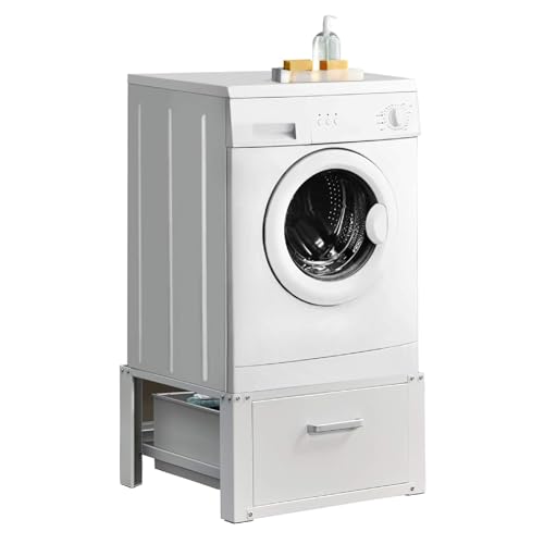 [en.casa] Washing Machine Pedestal Stand with Drawer 63 x 54 x 31 cm Steel and Aluminium White