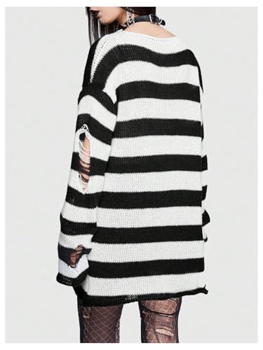 Image of Verdusa Women's Gothic Clothes Striped Sweater Long Sleeve Tops Punk Oversized Sweaters Ripped Sweater Dress Black and White X-Large