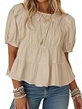 Tankaneo Womens Puff Sleeve Peplum Babydoll Tops Summer Smoked Pleated Cotton T-Shirts Casual Loose Fit Flowy Blouse Apricot