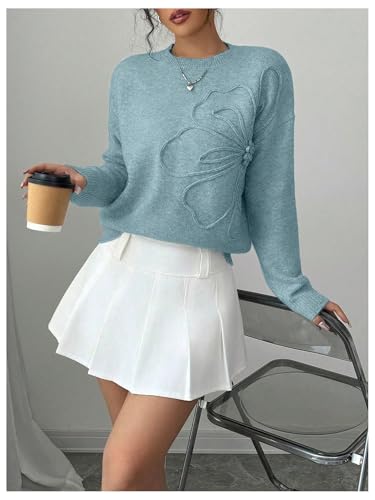 Image of RoseSeek Women's 3D Floral Appliques Crewneck Sweaters Long Sleeve Drop Shoulder Pullovers Elegant Knit Tops