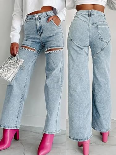 Women's high Waist Loose Stretch Ripped Jeans Rhinestone Trim Shiny Wide Leg Straight Jeans4