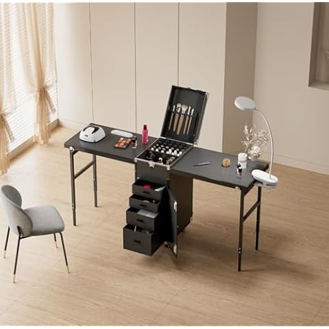 OKAKOPA Portable Nail Desk, 2 Desktop Rolling Manicure Table with Wheel, Foldable Travel Makeup Train Case for Nail Teach, Cosmetic Trolley Case, Black Cover