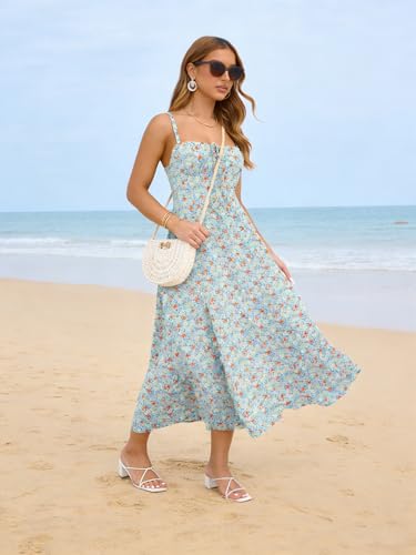 Image of YATHON Women's Summer Midi Corset Boho Dresses Spring Casual Floral Spaghetti Straps Lace Up Dress Flowy Aline Beach Sundress