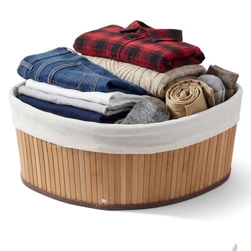 Healifty Bamboo Corner Basket with Cloth Liner - Triangle Storage Organizer for Pantry Shelves - Rustic Woven Storage Bin for Countertop and Closet 10x6.3"