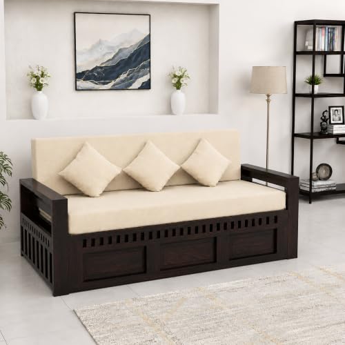 Image of SONA ART & CRAFTS Kuber Sheesham Wood Sofa Cum Bed 3 Seater with Storage and Side Pockets for Living Room Organizer Furniture Sofa Bed Home, Bedroom (Walnut Finish)
