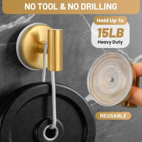 Fenas Large Suction Cup Hooks, Heavy Duty 15lb Holds Towel & Robe, No-Drill Shower Bathroom Hooks for Tile Wall Glass Mirror, Mounts on Smooth Non-Porous Surfaces (2, Brushed Gold) - 1