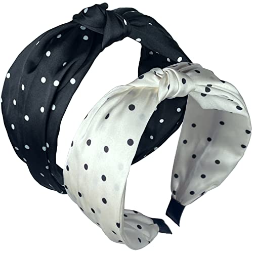 Uaiuya Knotted Headbands, Polka Dot Headbands,Top Knot Wide Hairbands Headbands For Women & Girls 2Pc (White+Black) #TOP8