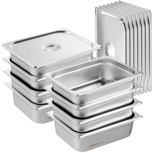 VEVOR Gastronormbehälter, Edelstahl Behälter 8 Stk. 326 x 266 x 102 mm Speisebehälter mit Deckel, kommerzieller Warmhaltebehälter 6,25 L Tiefe für Speisen, Hotelpfanne Tisch Food Pan 1/2-Größe