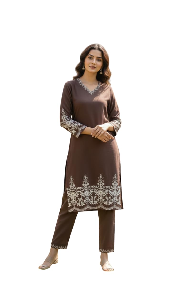 Women’s Cotton Kurta with Floral Thread Embroidery, V-Neck, 3/4 Sleeve, Regular Fit, Rust Orange, Traditional Style
