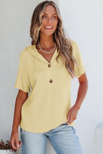 Image of Dokotoo Womens Summer Tops Waffle Knit Short Sleeve Lightweight Drawstring Hoodies Button V Neck Casual Blouses Shirts