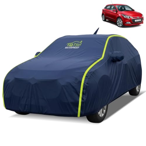 FABTEC Waterproof Car Body Cover for Hyundai Elite i20 Outdoor/Indoor All Weather Protection with Mirror & Antenna Pocket Triple Stitched (Premium Navy Blue with Neon Piping)