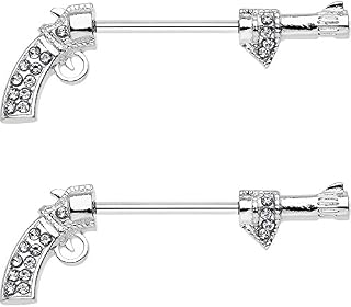 Body Candy Steel Clear Accent Old West Revolver Barbell Nipple Ring Set of