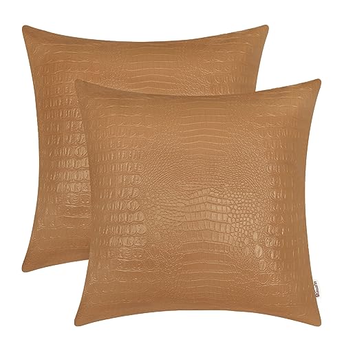BRAWARM Tan Faux Leather Pillow Covers 16x16, Embossed Crocodile, 2 Pack